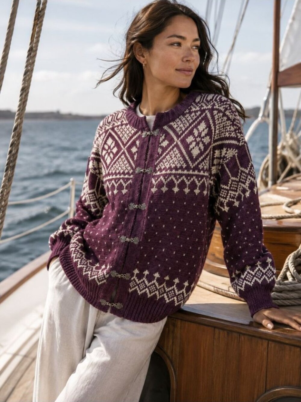 James Pringle Weavers Wool Cardigan Purple Nordic Fair Isle Cottagecore Medium